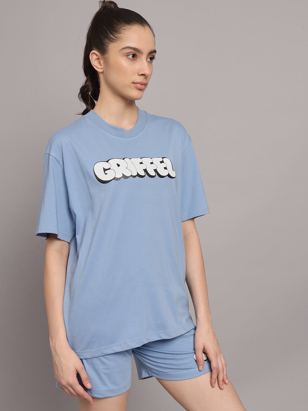 GRIFFEL Women Printed Oversized Loose fit Sky Blue T-shirt and Short Set - griffel