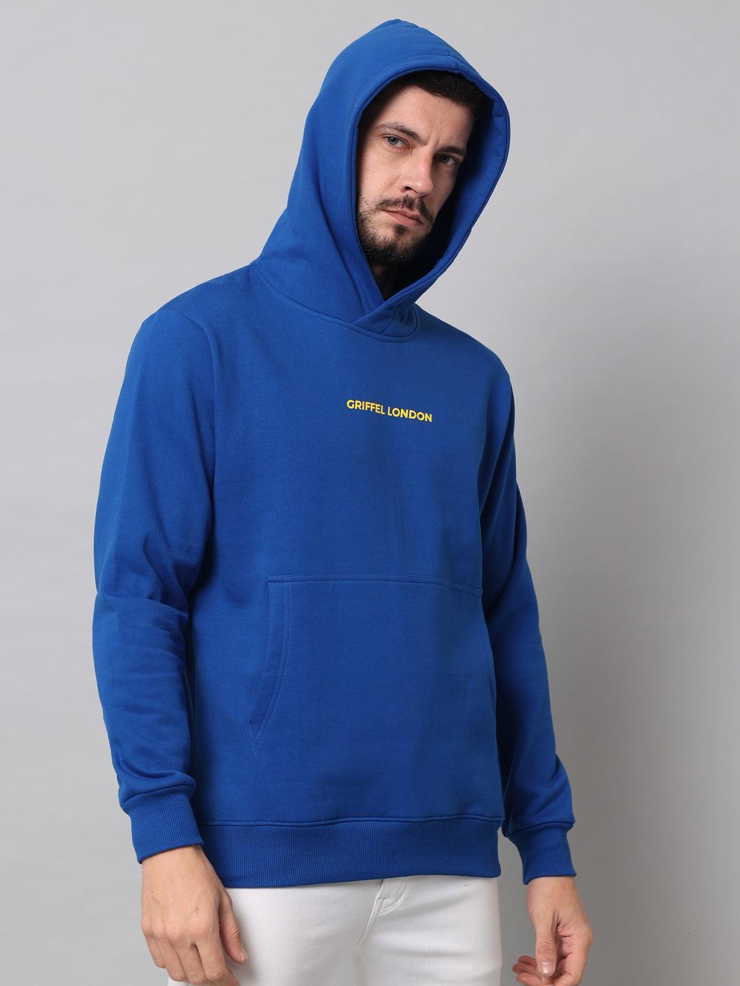 Griffel Men's Royal Cotton Front Logo Fleece Hoody Sweatshirt with Full Sleeve - griffel