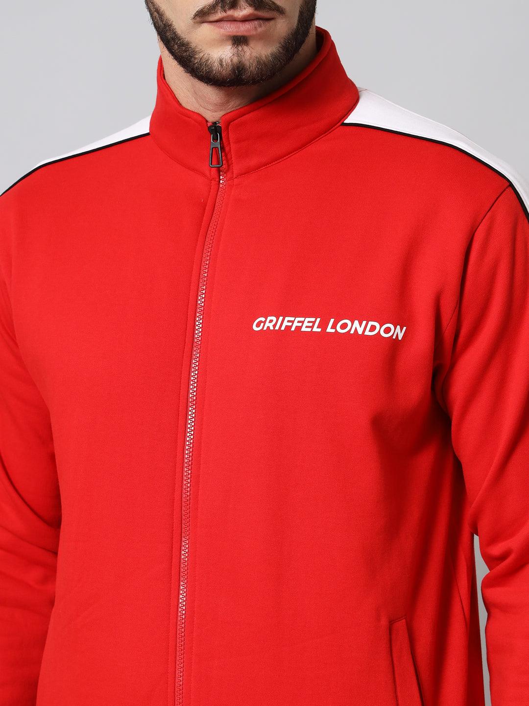 Griffel Men's Color Blocked Front Logo Fleece Zipper and Jogger Full set Red Tracksuit - griffel