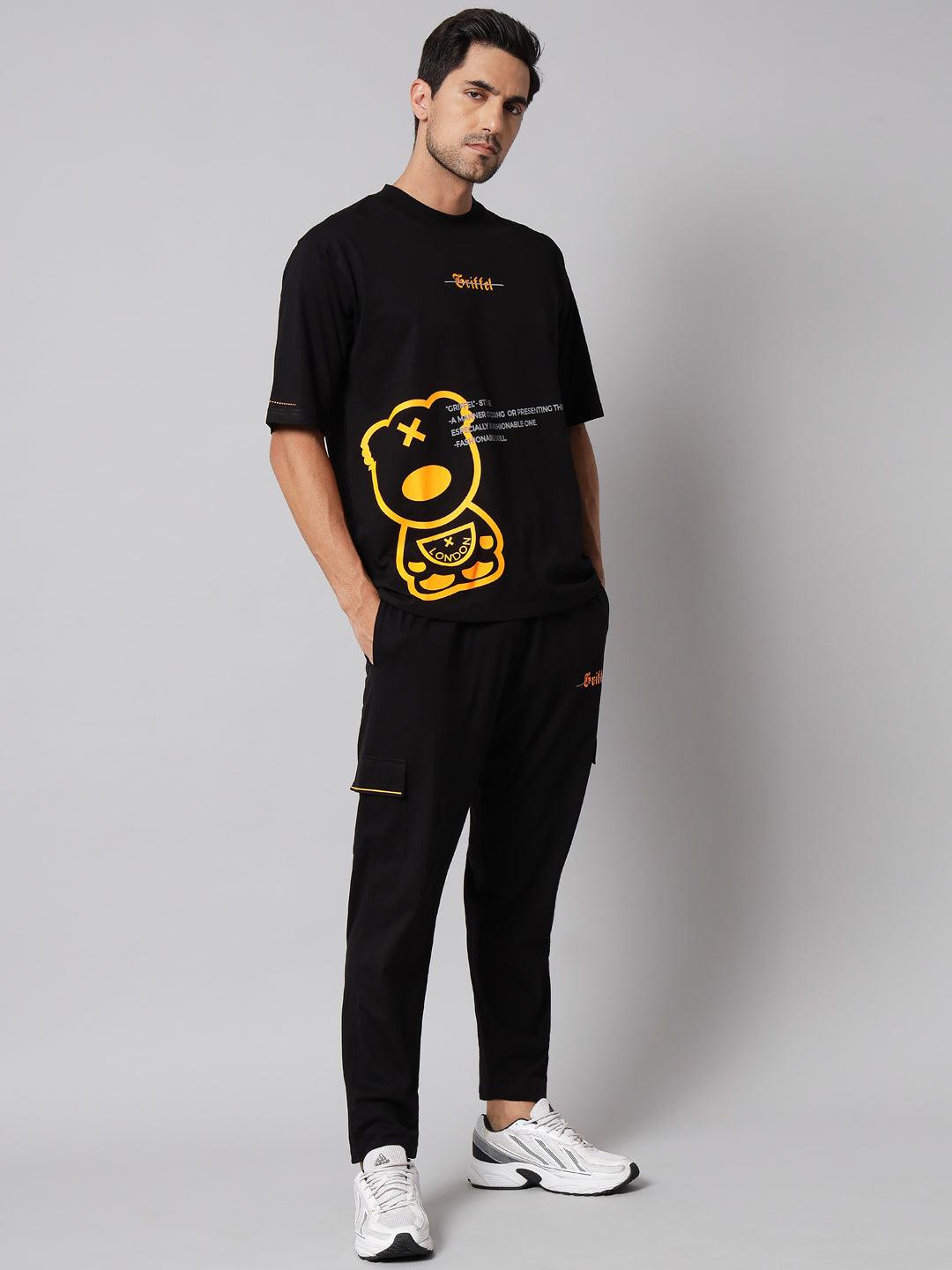 GRIFFEL Men Printed Black Loose fit T-shirt and Trackpant Set - griffel