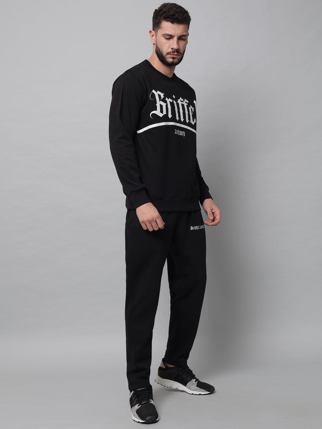 Griffel Men's Printed Solid Fleece Basic R-Neck Sweatshirt and Joggers Full set Black Tracksuit - griffel