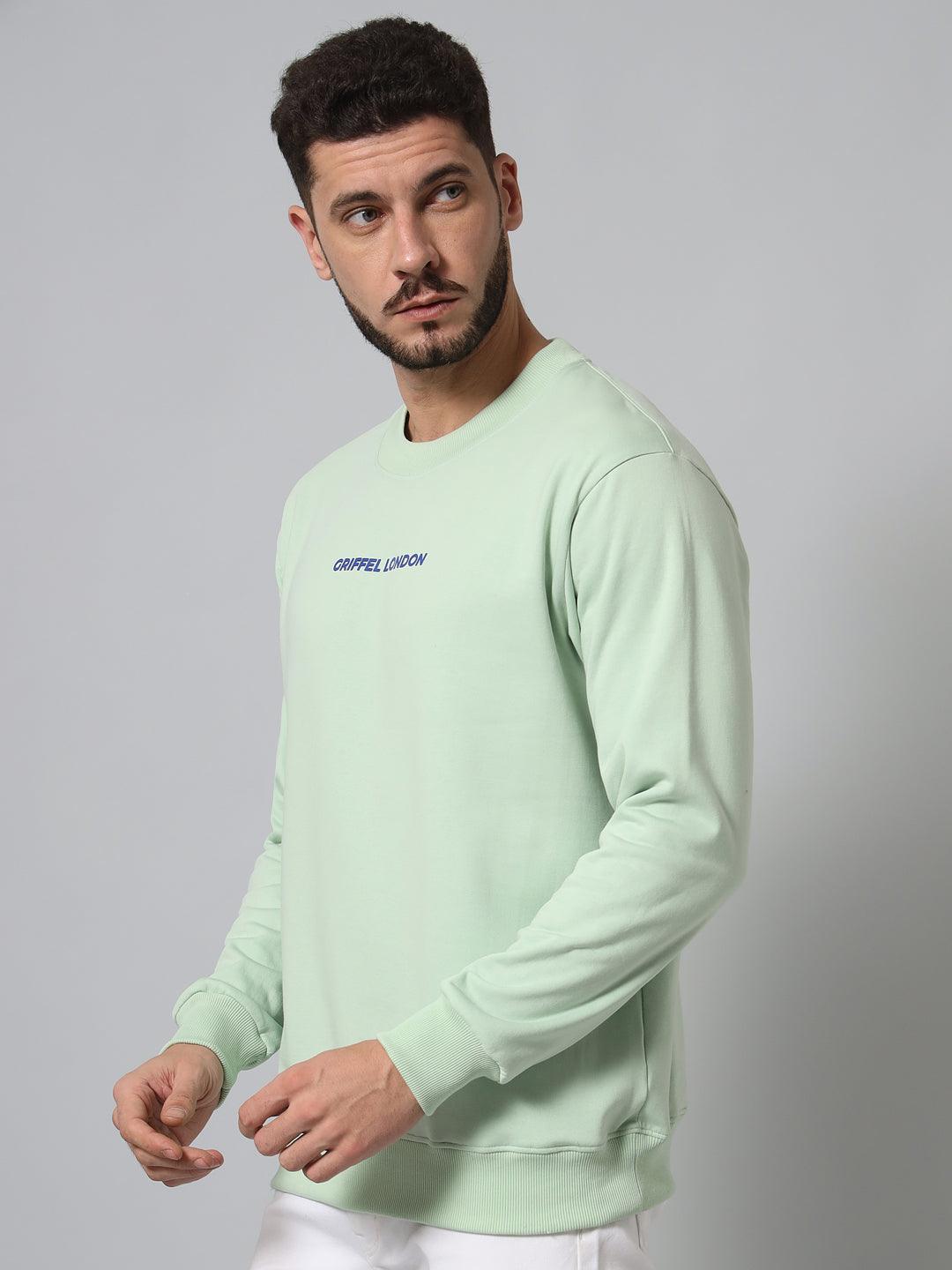 Griffel Men's Cotton Fleece Round Neck Sea Green Sweatshirt with Full Sleeve and Front Logo Print - griffel
