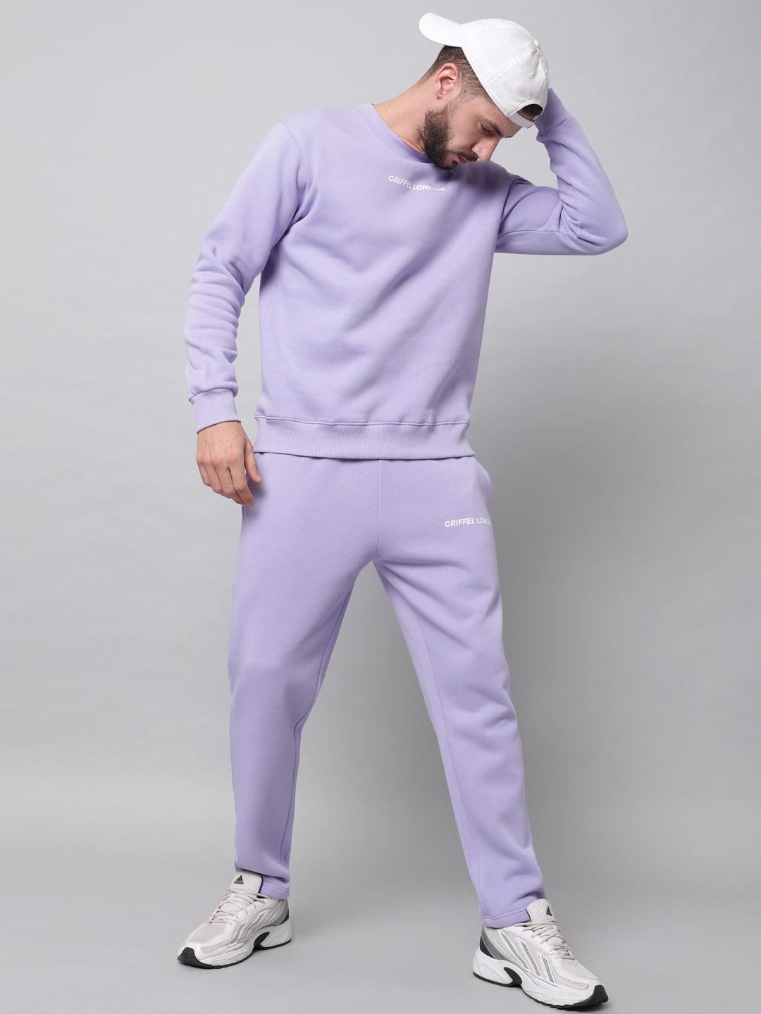 Griffel Men's Front Logo Solid Fleece Basic R-Neck Sweatshirt and Joggers Full set Light PurpleTracksuit - griffel