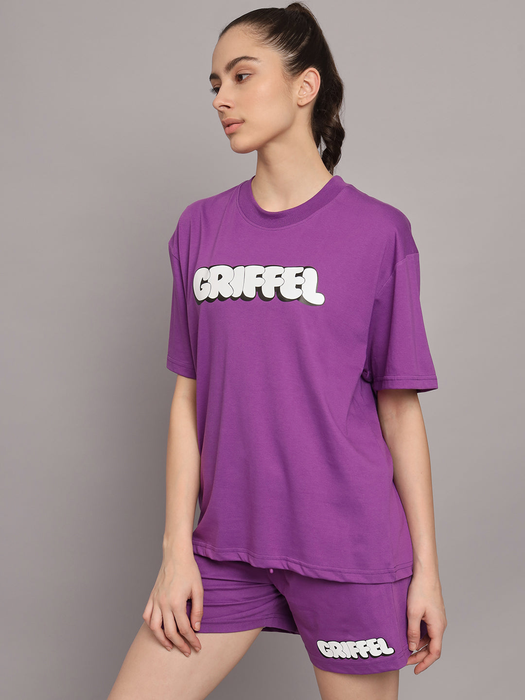 GRIFFEL Women Printed Oversized Loose fit Dark Purple T-shirt and Short Set - griffel