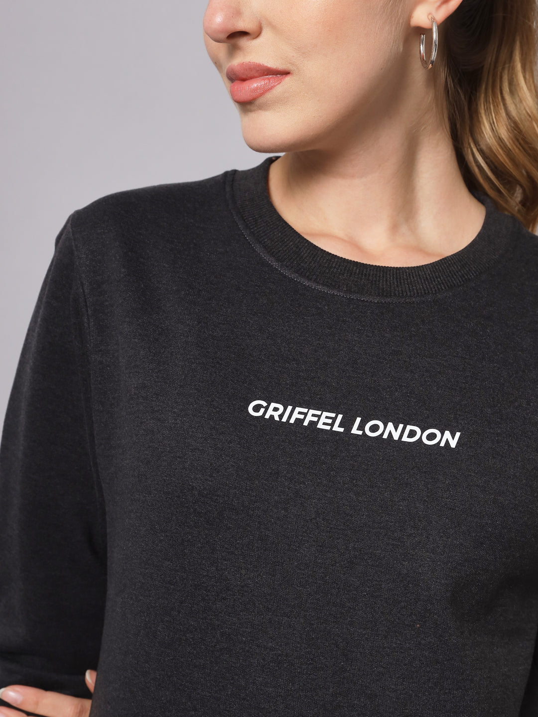 Griffel Women’s Printed Round Neck Anthra Cotton Fleece Full Sleeve Sweatshirt - griffel