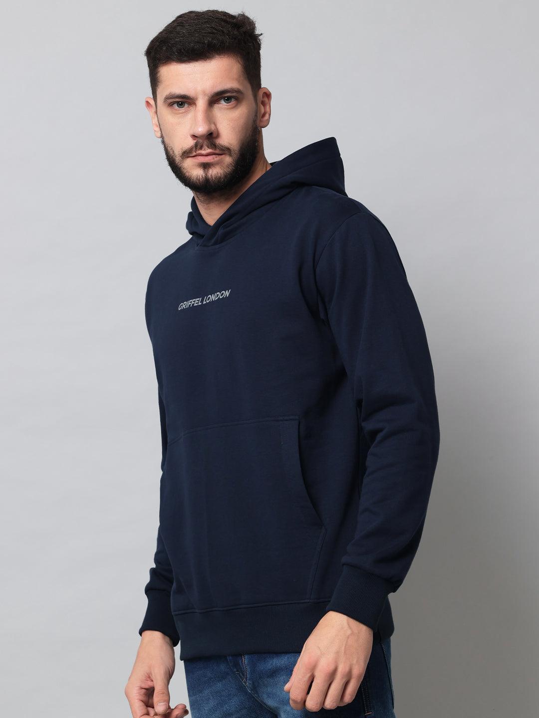 Griffel Men's Navy Cotton Front Logo Fleece Hoody Sweatshirt with Full Sleeve - griffel