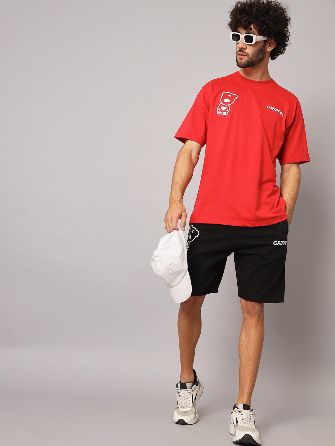 GRIFFEL Men Printed Red Loose fit T-shirt and Short Set - griffel