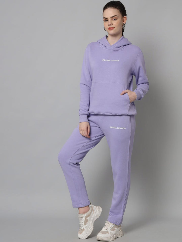 Griffel Women Solid Fleece Basic Hoodie and Joggers Full set Mauve Tracksuit - griffel