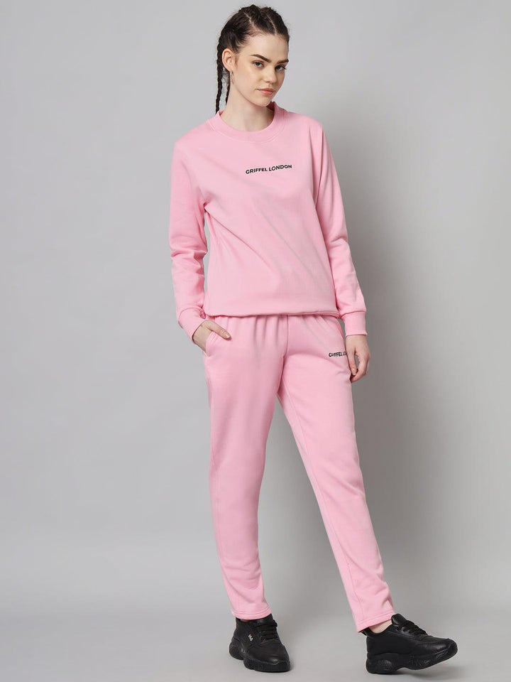 Griffel Women Solid Fleece Basic Round Neck Sweatshirt and Joggers Full set Pink Tracksuit - griffel