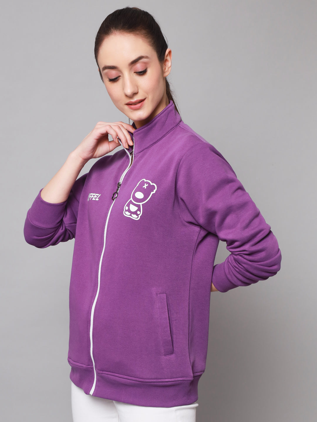 Griffel Women’s Cotton Fleece Full Sleeve Dark Purple Zipper Sweatshirt - griffel