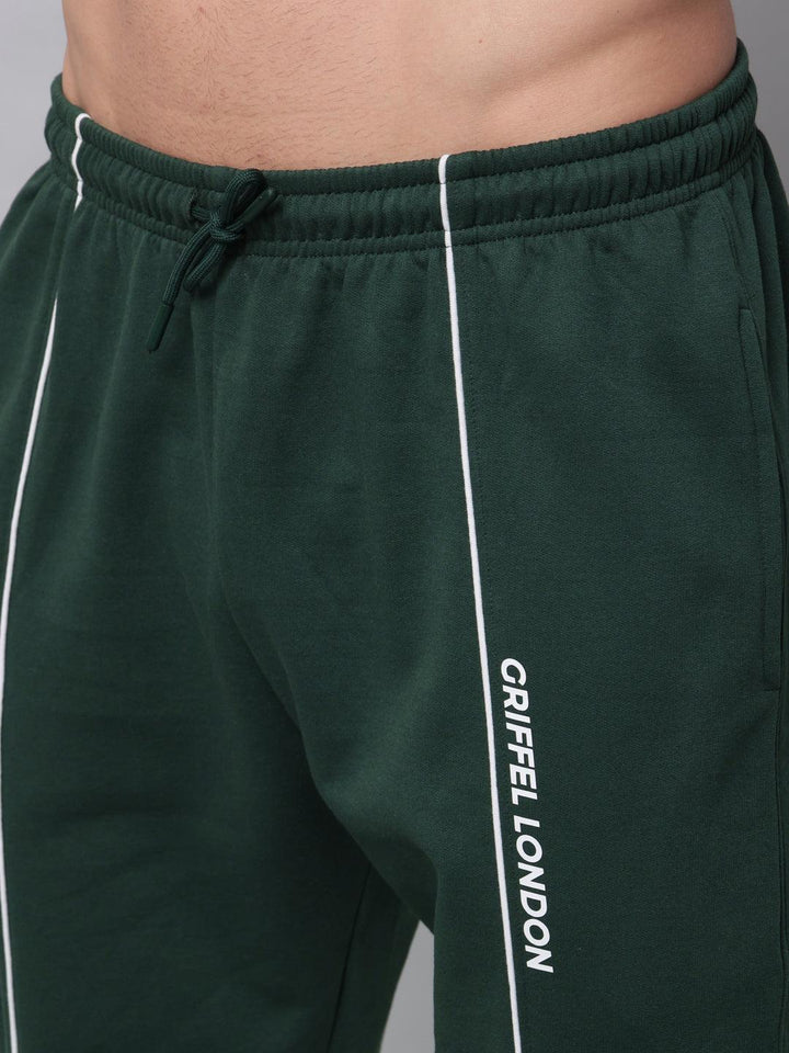 GRIFFEL Men Fleece Basic Solid Front Logo Bottle Green Trackpants - griffel