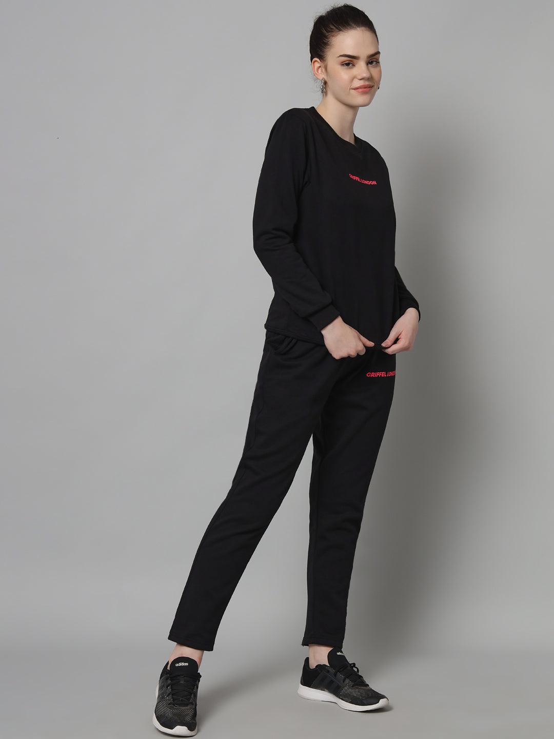 Griffel Women Solid Fleece Basic Round Neck and Joggers Full set Black Tracksuit - griffel