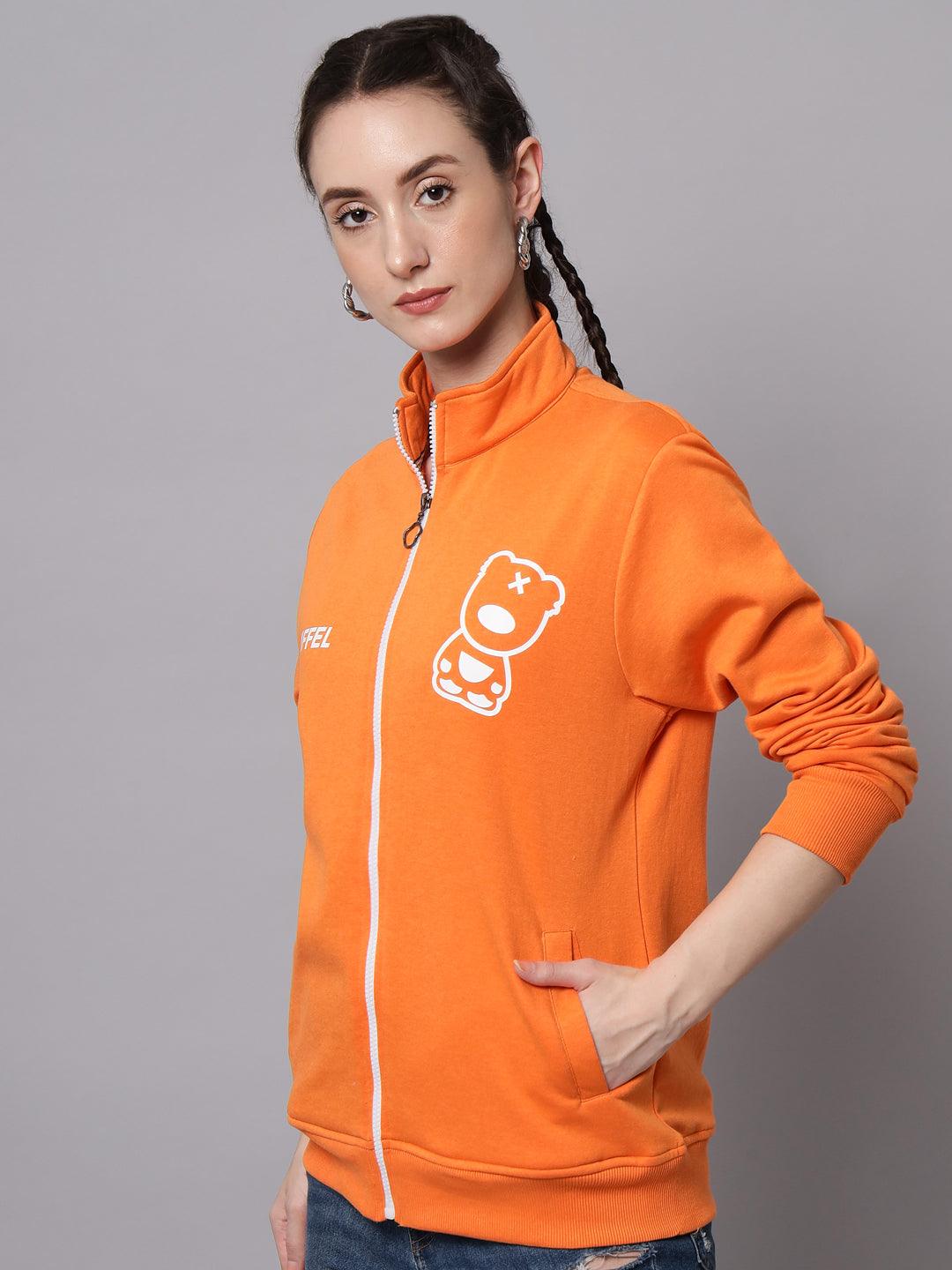 Griffel Women’s Cotton Fleece Full Sleeve Orange Zipper Color Blocked Sweatshirt - griffel