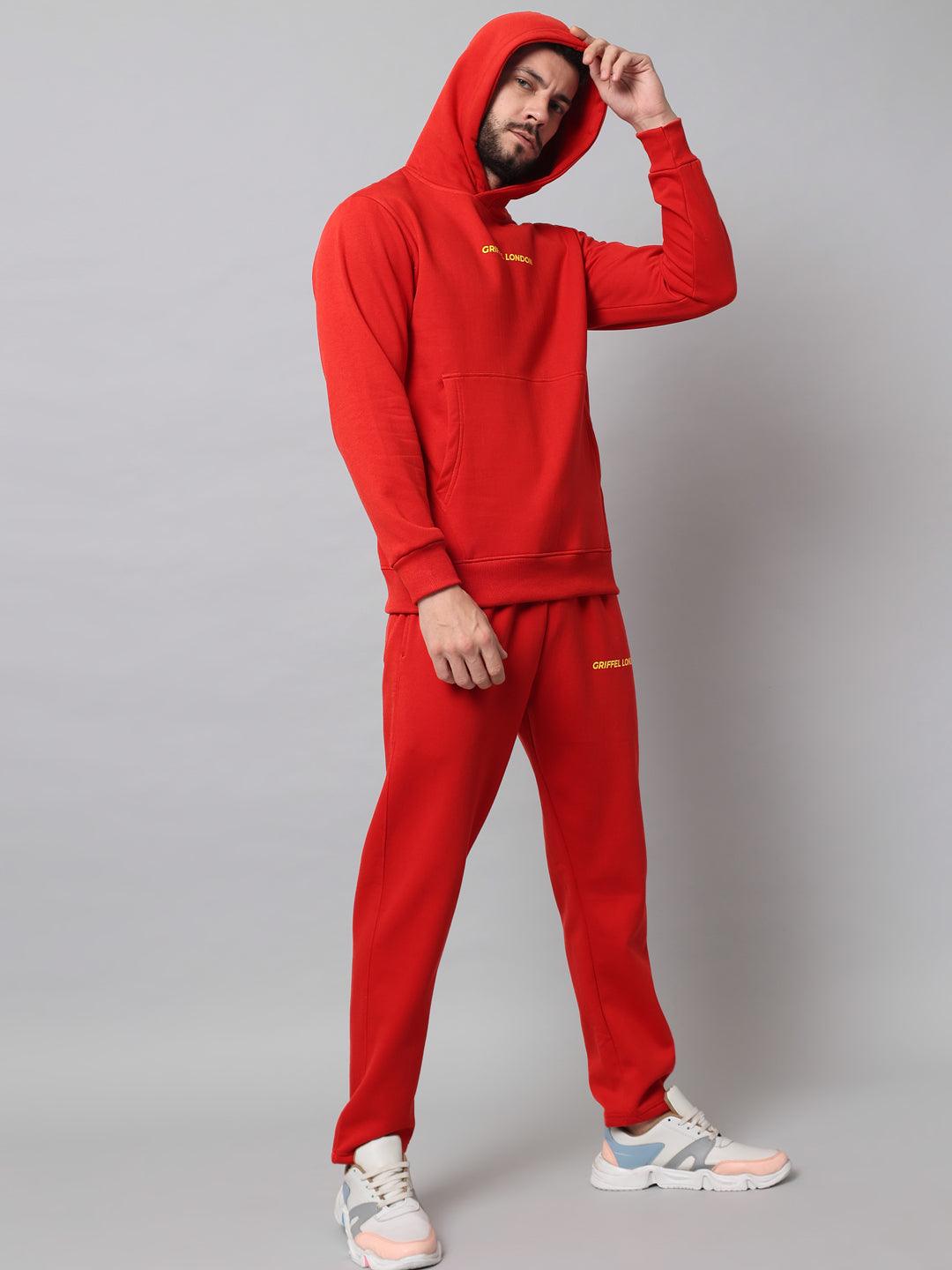 Griffel Men's Front Logo Solid Fleece Basic Hoodie and Joggers Full set Red Tracksuit - griffel