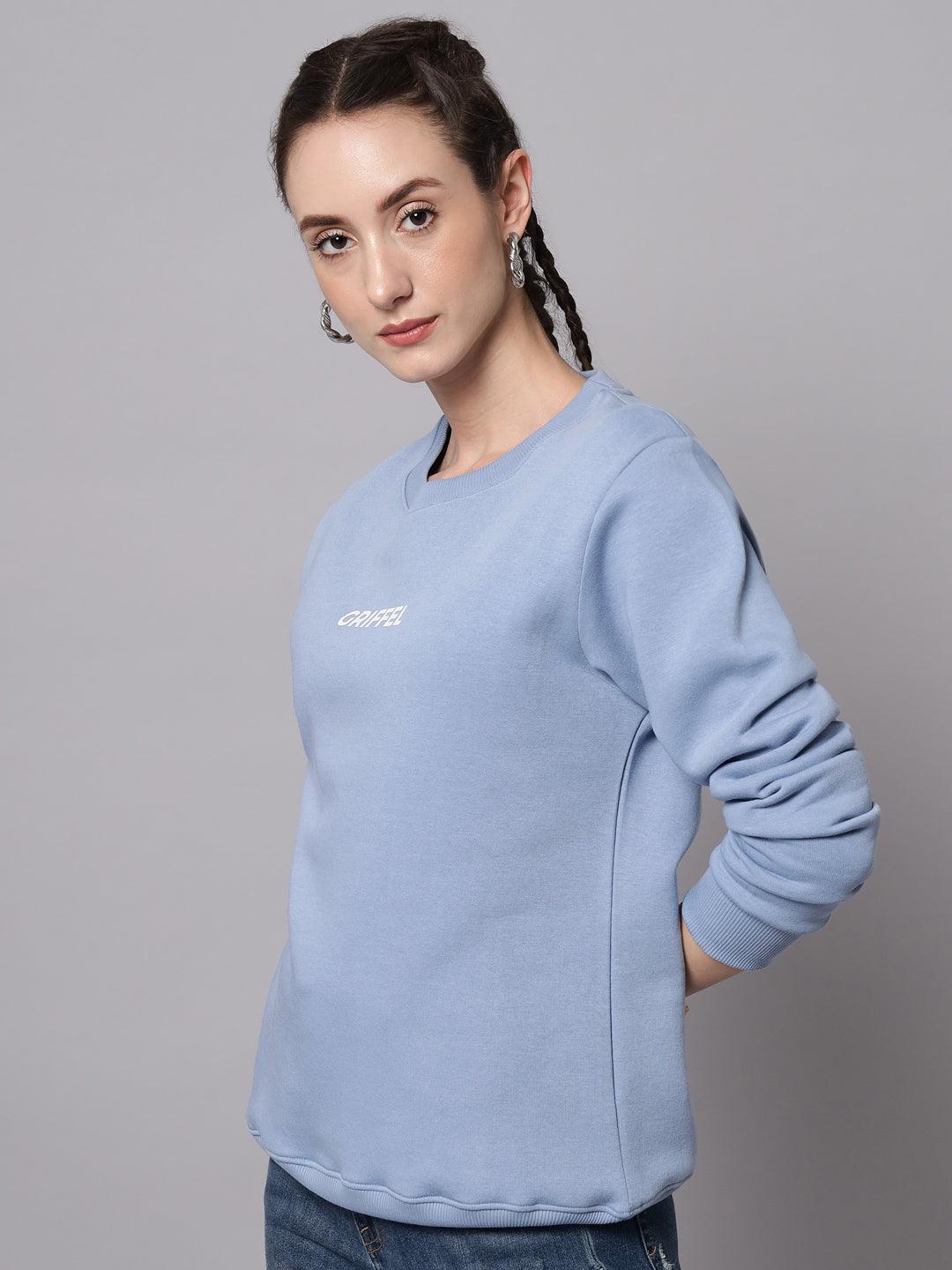 Griffel Women’s Printed Round Neck Sky Blue Cotton Fleece Full Sleeve Sweatshirt - griffel