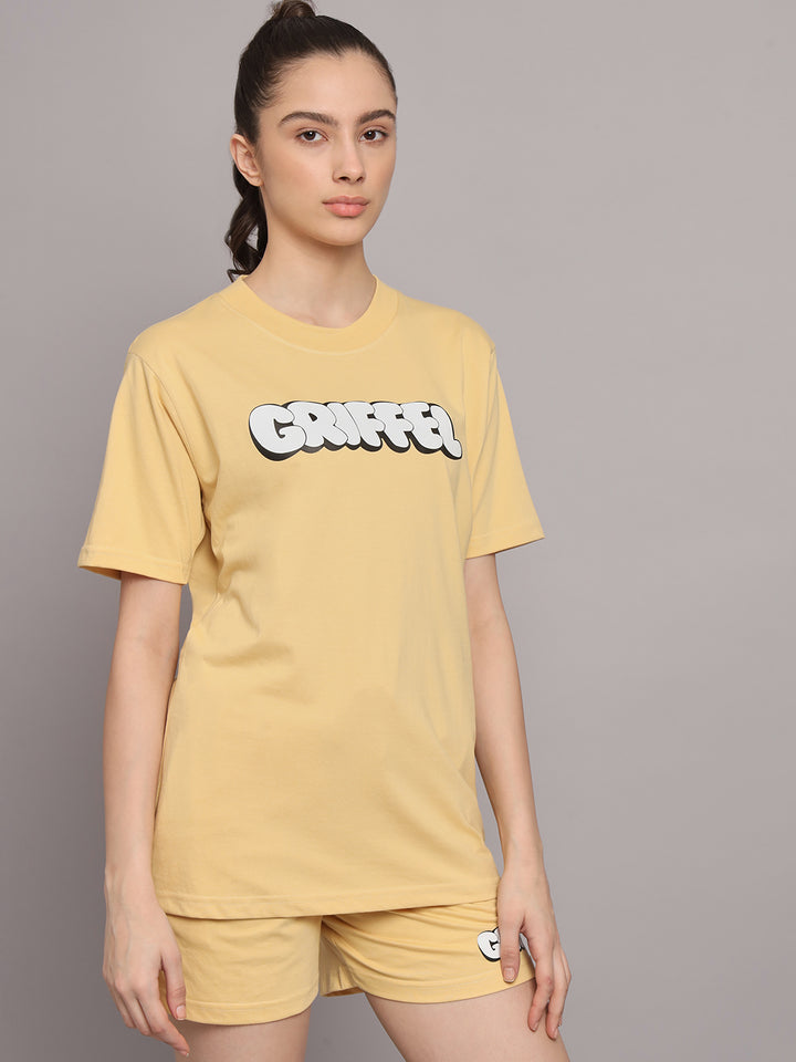 GRIFFEL Women Printed Oversized Loose fit Yellow T-shirt and Short Set - griffel