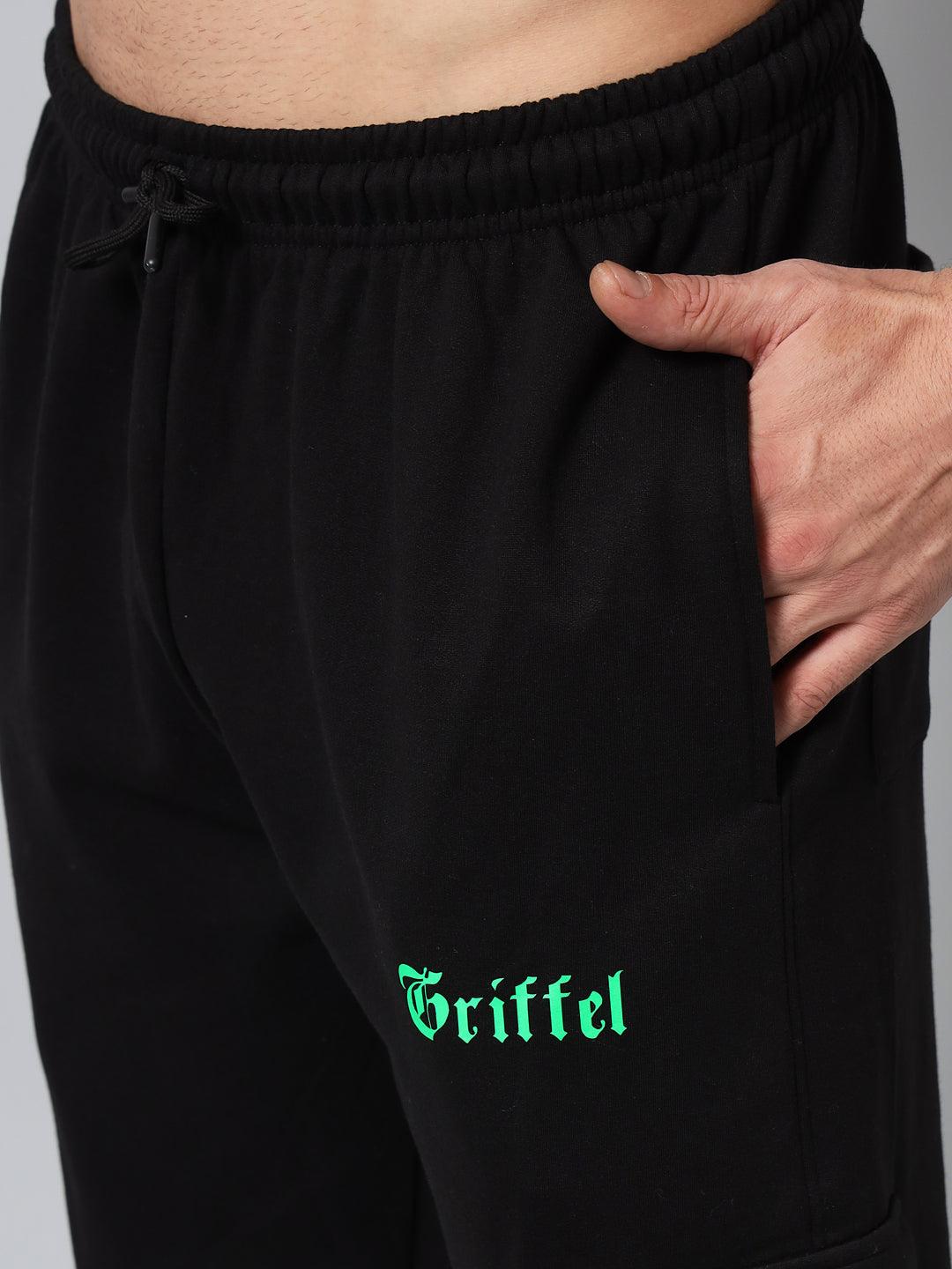 GRIFFEL Men Fleece 6 Pocket Front Logo Black Green Trackpants - griffel