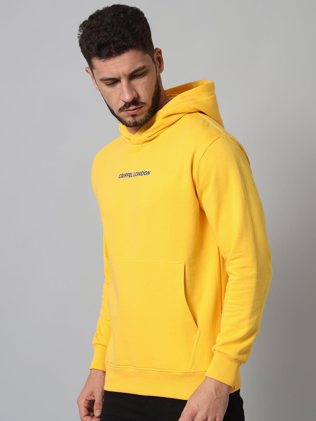 Griffel Men's Yellow Cotton Front Logo Fleece Hoody Sweatshirt with Full Sleeve - griffel