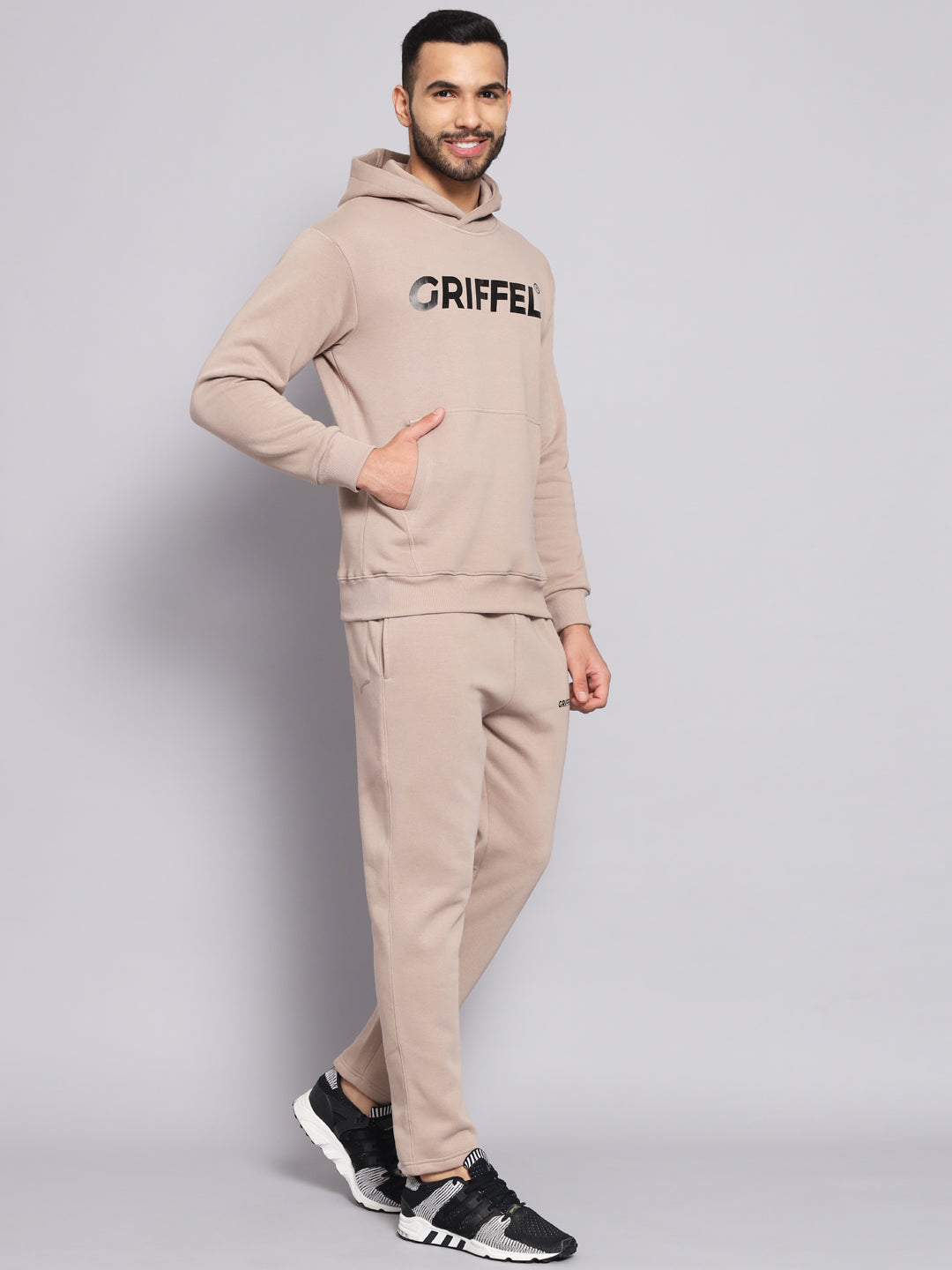 Griffel Men's Front Logo Solid Fleece Basic Hoodie and Joggers Full set Camel Tracksuit - griffel
