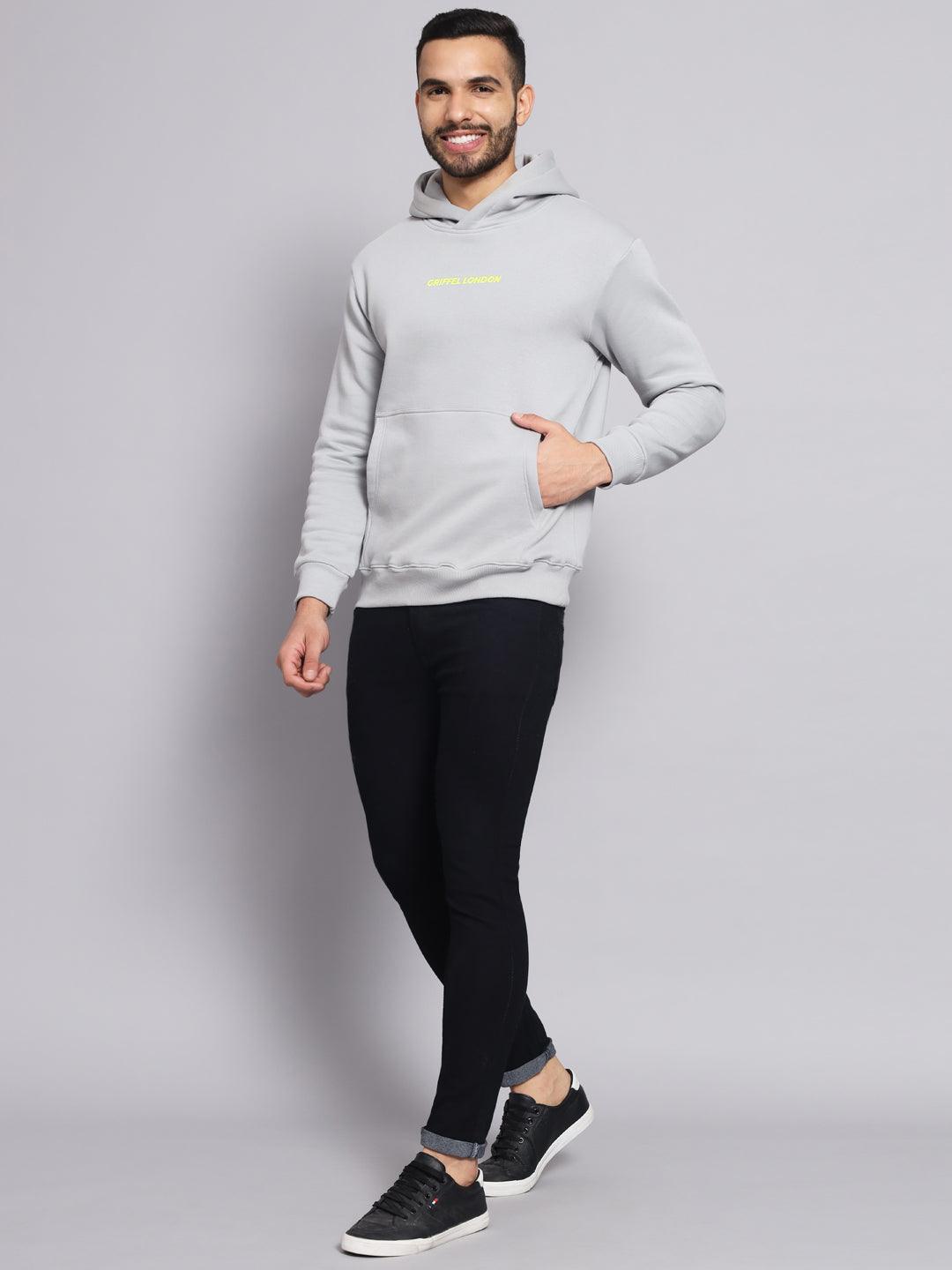 Griffel Men's Steel Grey Cotton Front Logo Fleece Hoody Sweatshirt with Full Sleeve - griffel