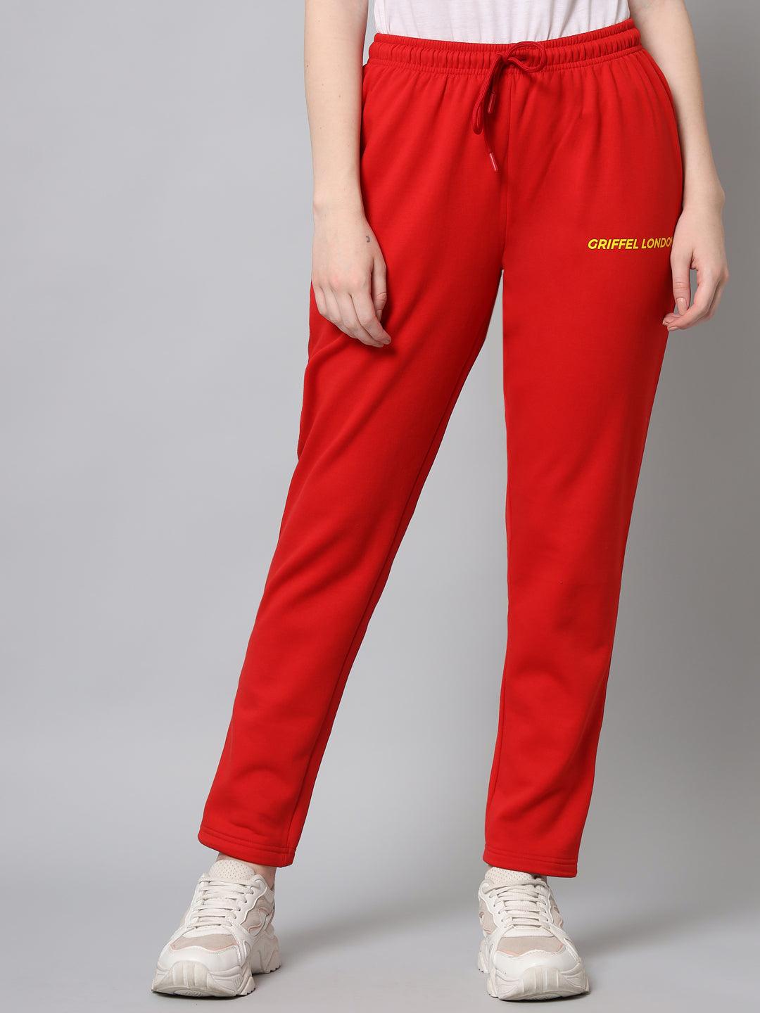 Griffel Women Solid Fleece Zipper Neck Sweatshirt and Joggers Full set Red Tracksuit - griffel