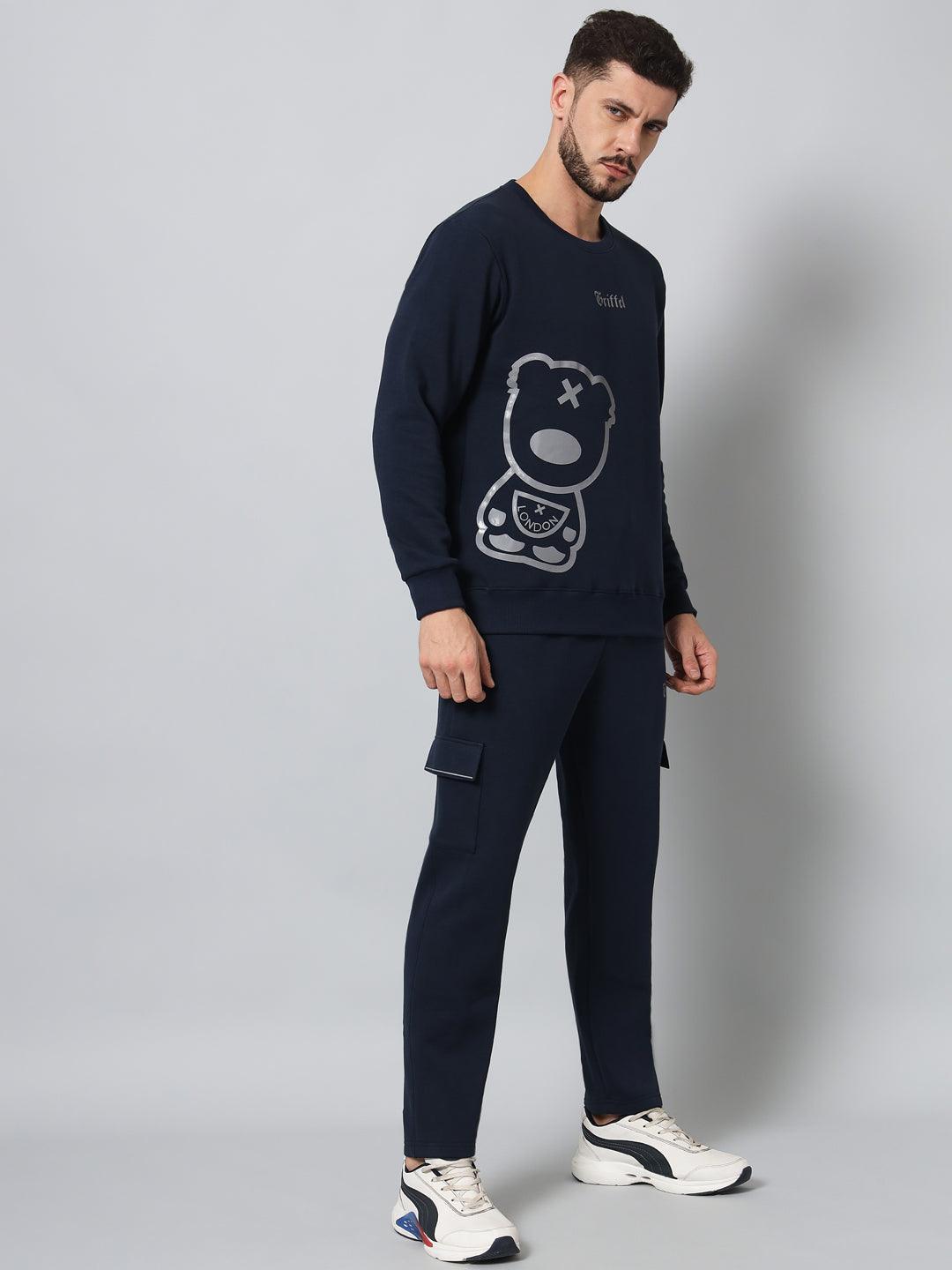 Griffel Men's Front Teddy Print Fleece Basic R-Neck Sweatshirt and Joggers Full set Grey Navy Tracksuit - griffel