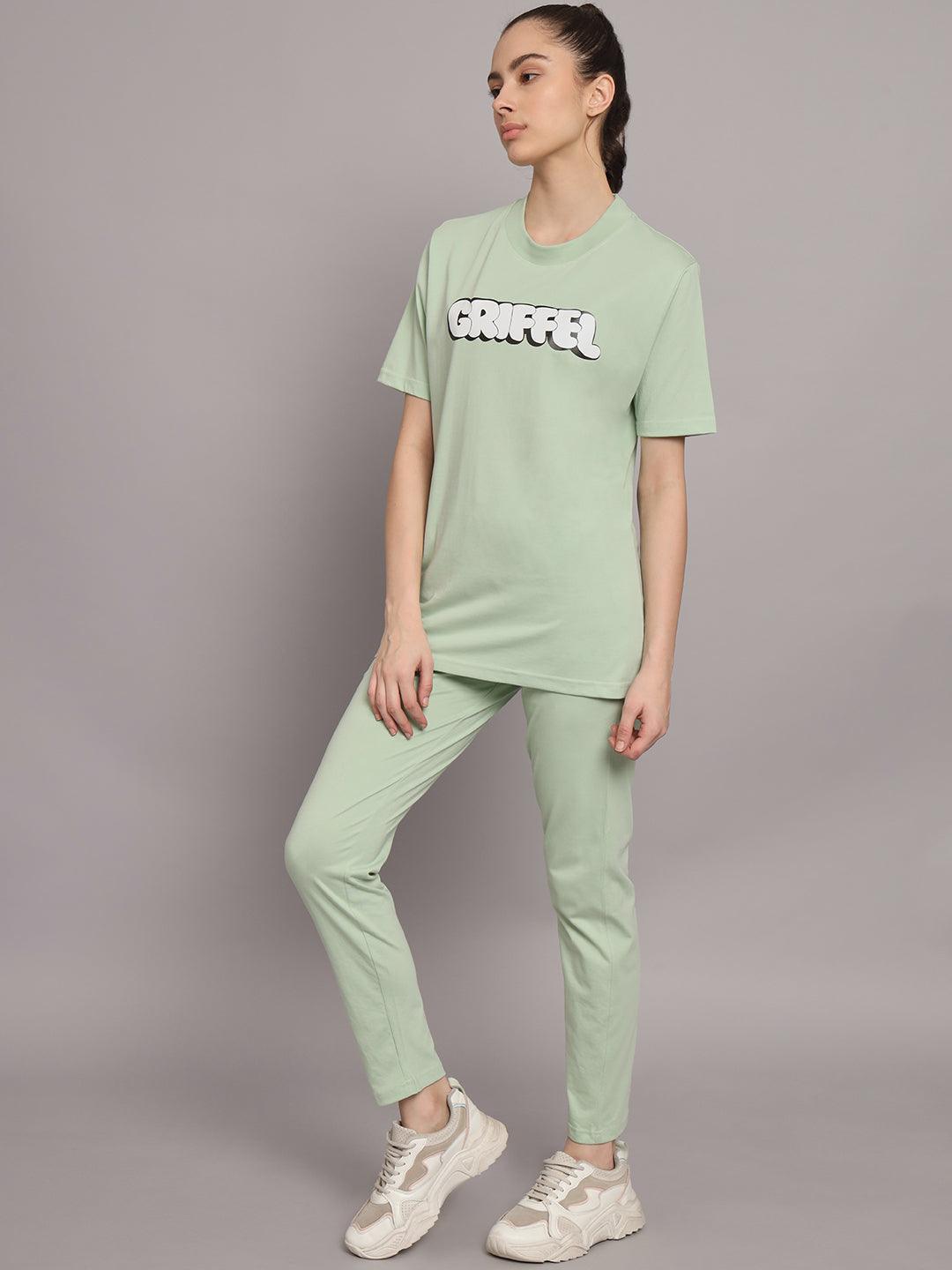 GRIFFEL Women Printed Oversized Loose fit Sea Green T-shirt and Trackpant Set - griffel