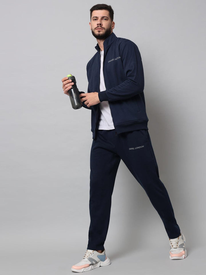 Griffel Men's Front Logo Fleece Zipper and Jogger Full set Navy Tracksuit - griffel