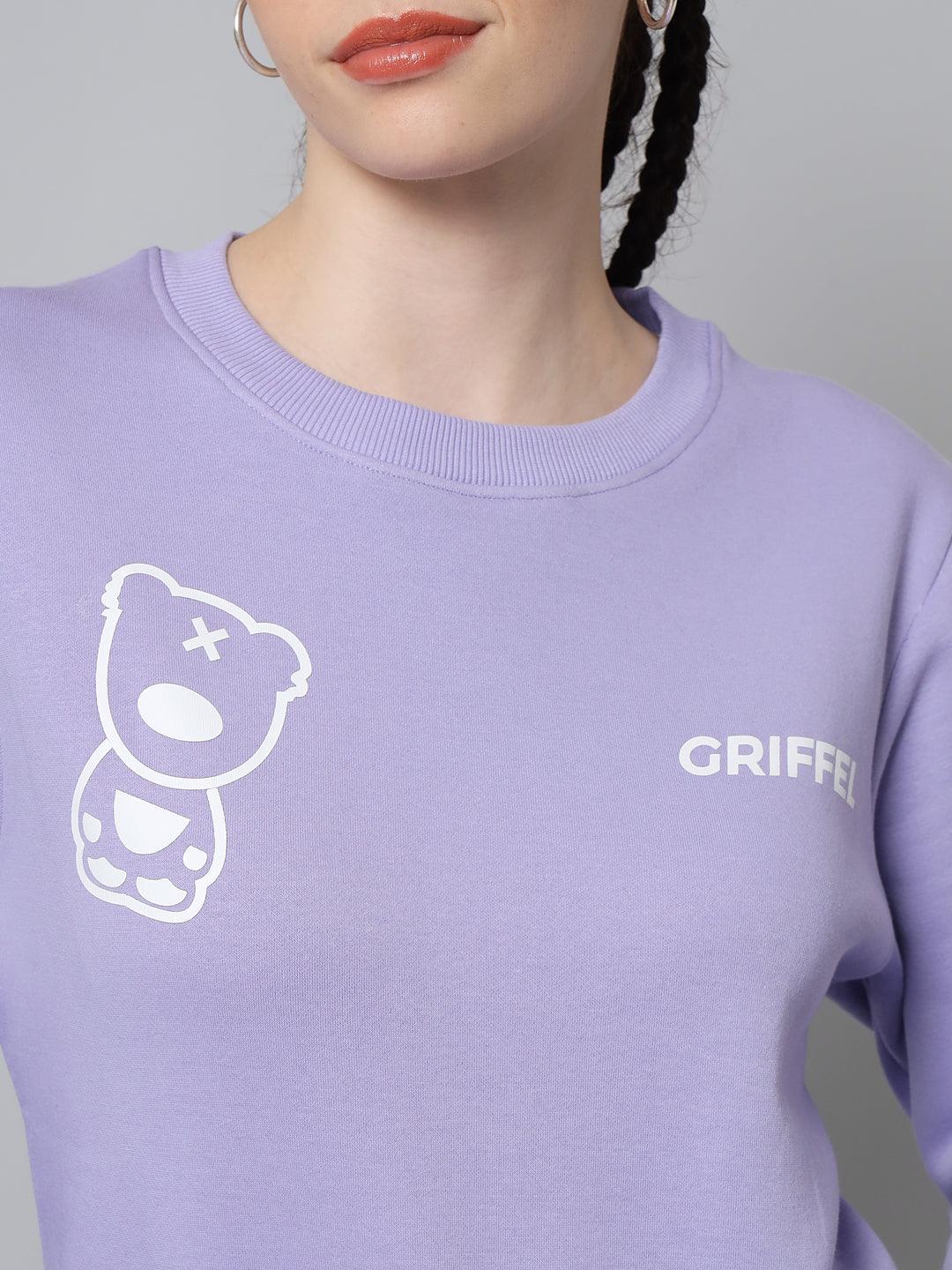 Griffel Women’s Teddy Print Round Neck White Mauve Cotton Fleece Full Sleeve Sweatshirt - griffel