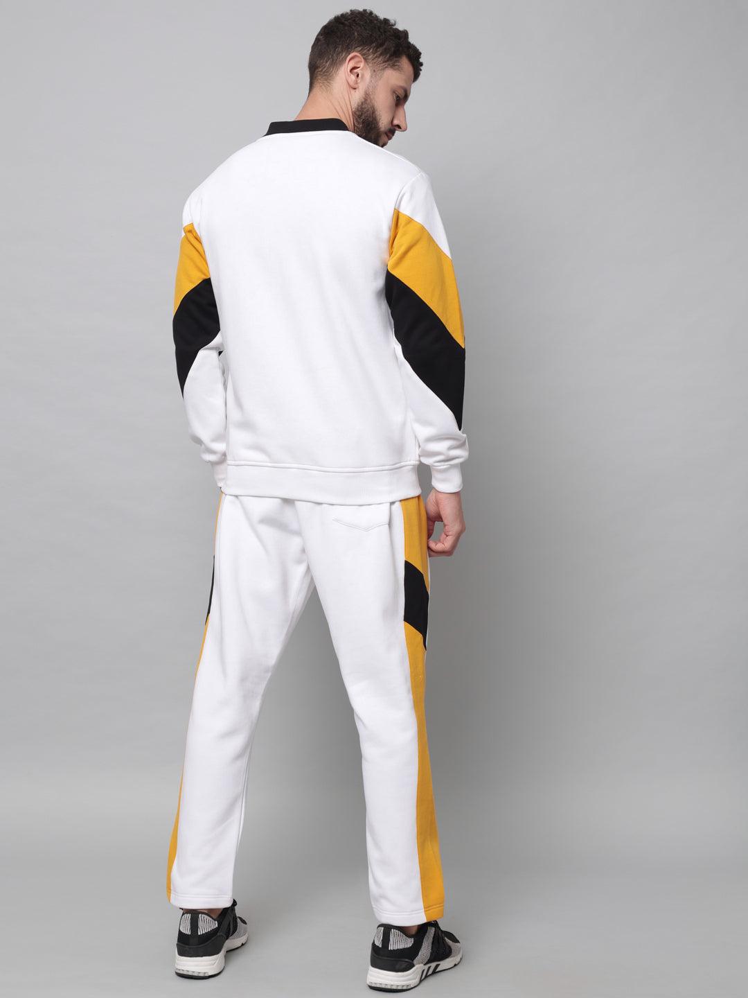 Griffel Men's Color Blocked Front Logo Fleece Zipper and Jogger Full set White Tracksuit - griffel