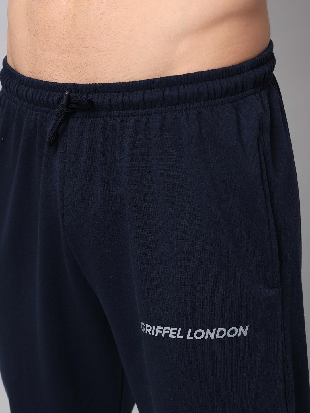 Griffel Men's Front Logo Solid Fleece Basic R-Neck Sweatshirt and Joggers Full set Navy Tracksuit - griffel