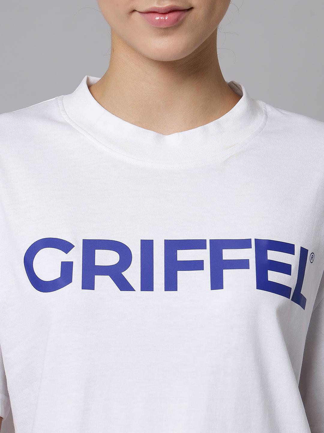 GRIFFEL Women Steel White Printed Oversized Loose fit T-shirt and Short Set - griffel