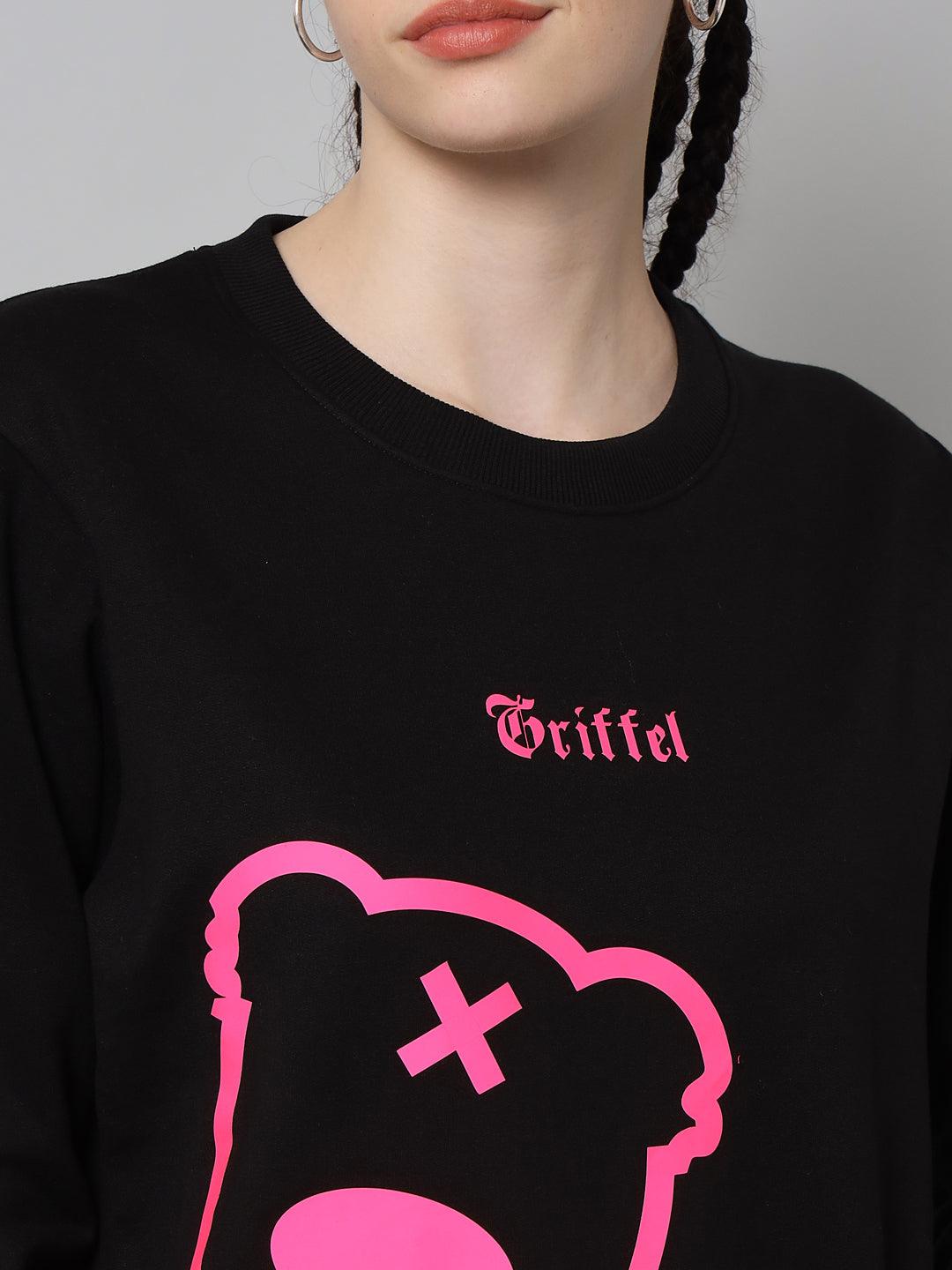 Griffel Women’s Teddy Print Round Neck Pink Black Cotton Fleece Full Sleeve Sweatshirt - griffel