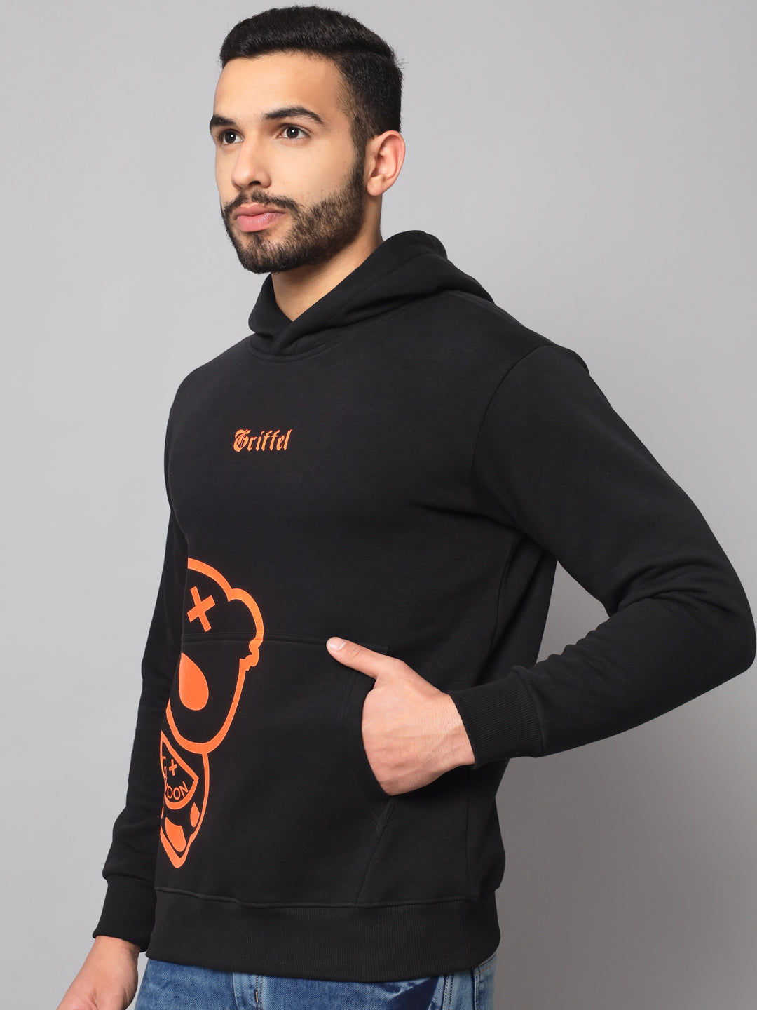 Griffel Men's Black Orange Cotton Front Logo Fleece Hoody Sweatshirt with Full Sleeve - griffel
