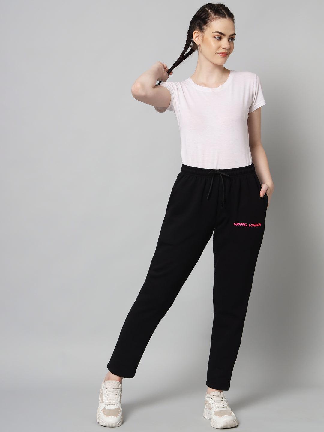 Griffel Women’s Front Logo Basic Solid Black Trackpant - griffel
