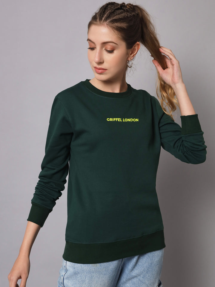 Griffel Women’s Printed Round Neck Bottle Green Cotton Fleece Full Sleeve Sweatshirt - griffel