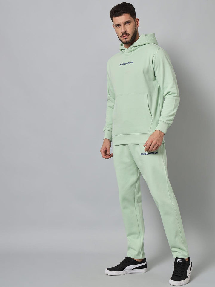 Griffel Men's Front Logo Solid Fleece Basic Hoodie and Joggers Full set Sea Green Tracksuit - griffel