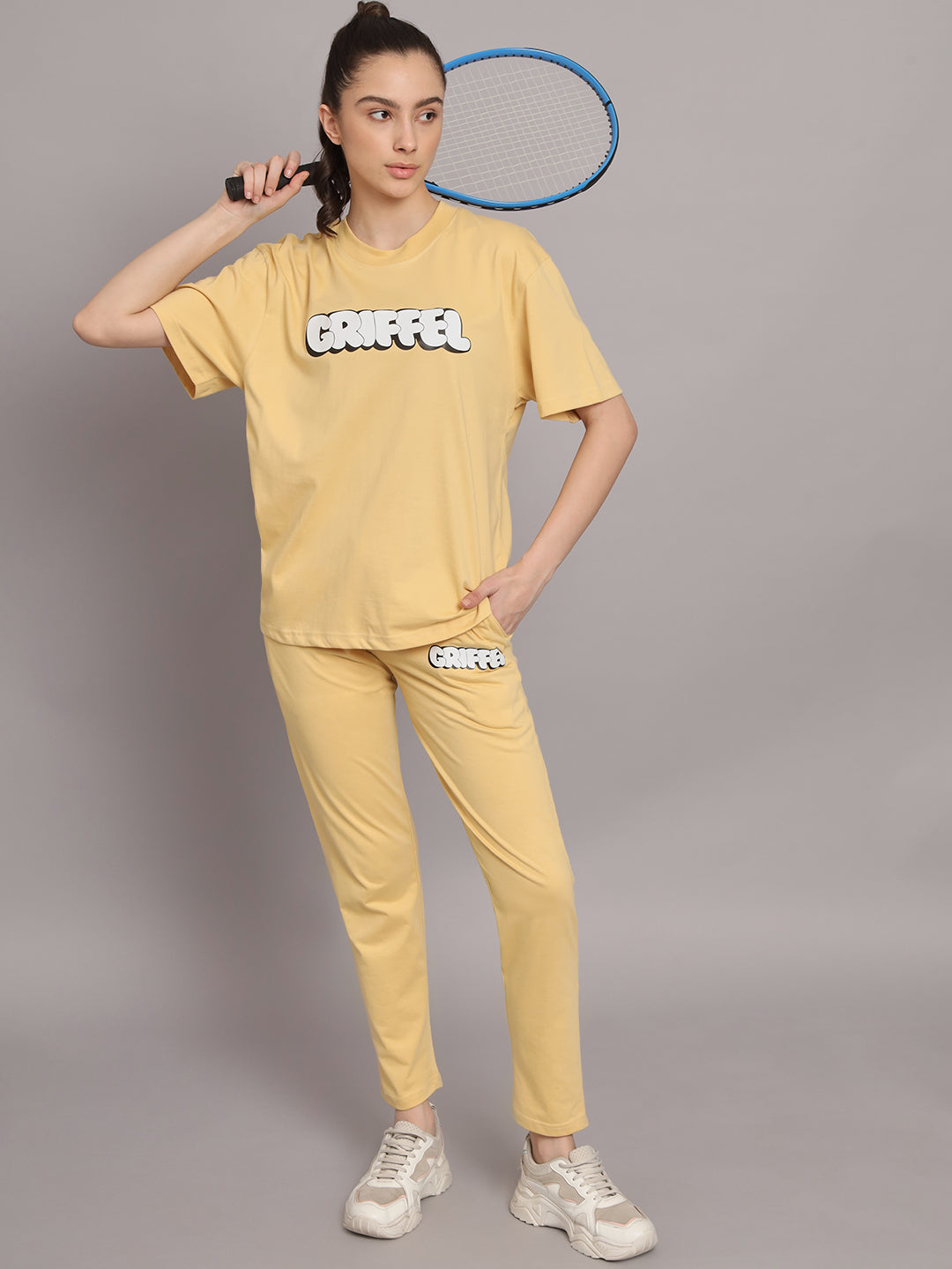 GRIFFEL Women Printed Oversized Loose fit Light Yellow T-shirt and Trackpant Set - griffel