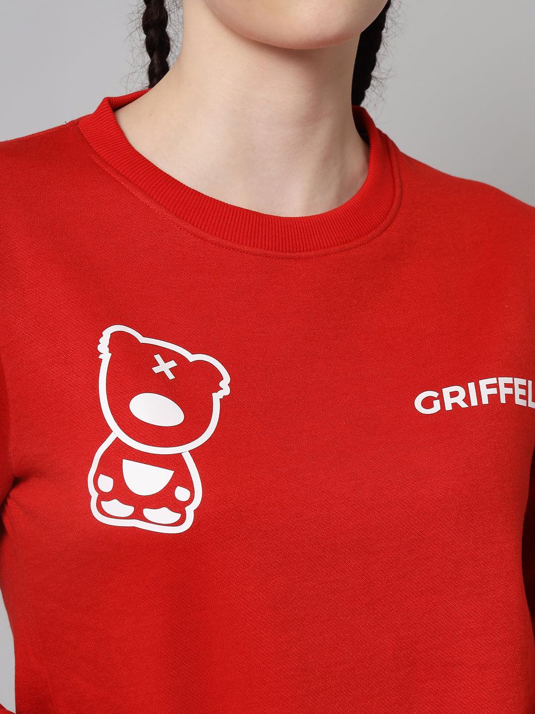 Griffel Women’s Teddy Print Round Neck White Red Cotton Fleece Full Sleeve Sweatshirt - griffel