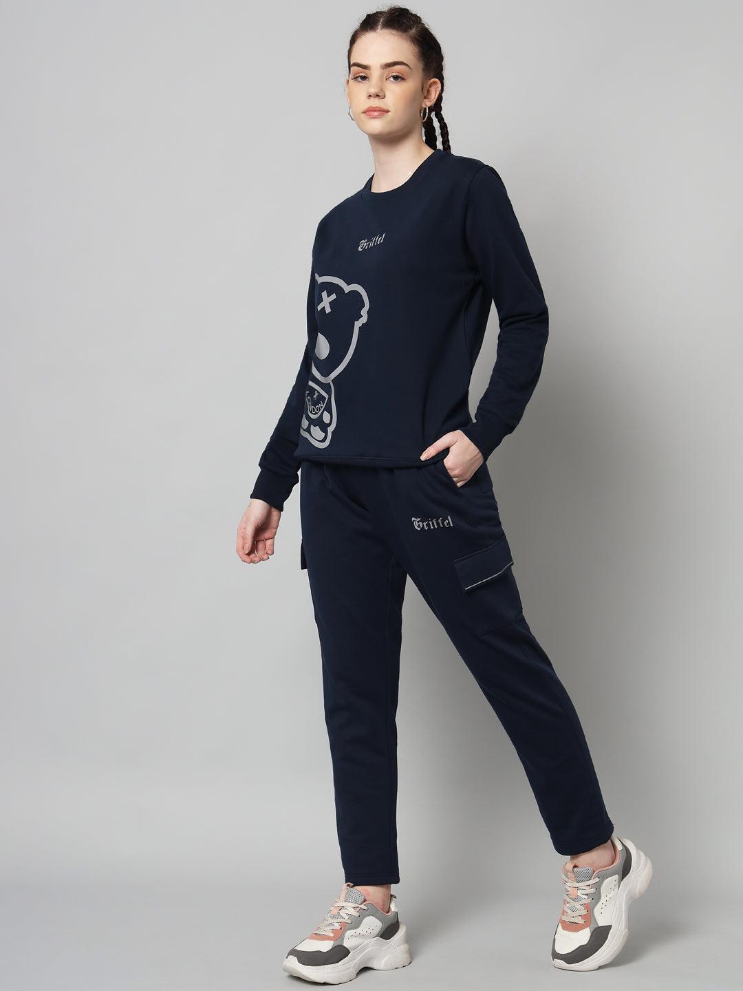 Griffel Women Teddy Print Fleece Round Neck and Joggers Full set Grey Navy Tracksuit - griffel