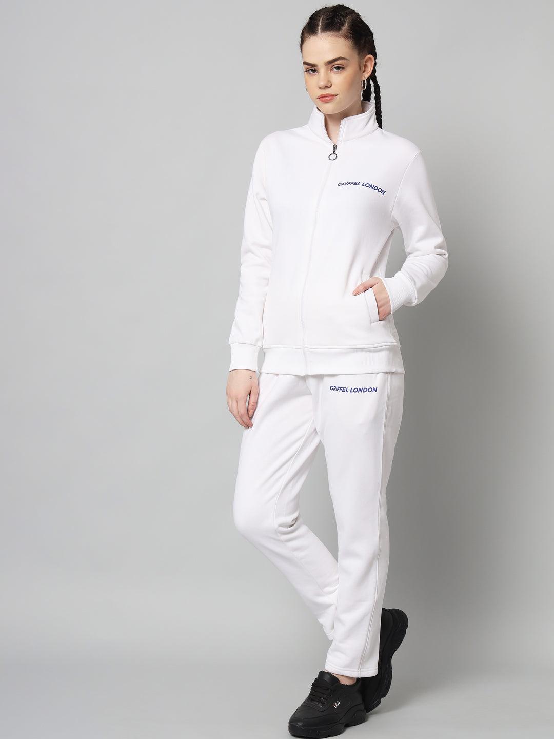Griffel Women Solid Fleece Zipper Neck Sweatshirt and Joggers Full set White Tracksuit - griffel