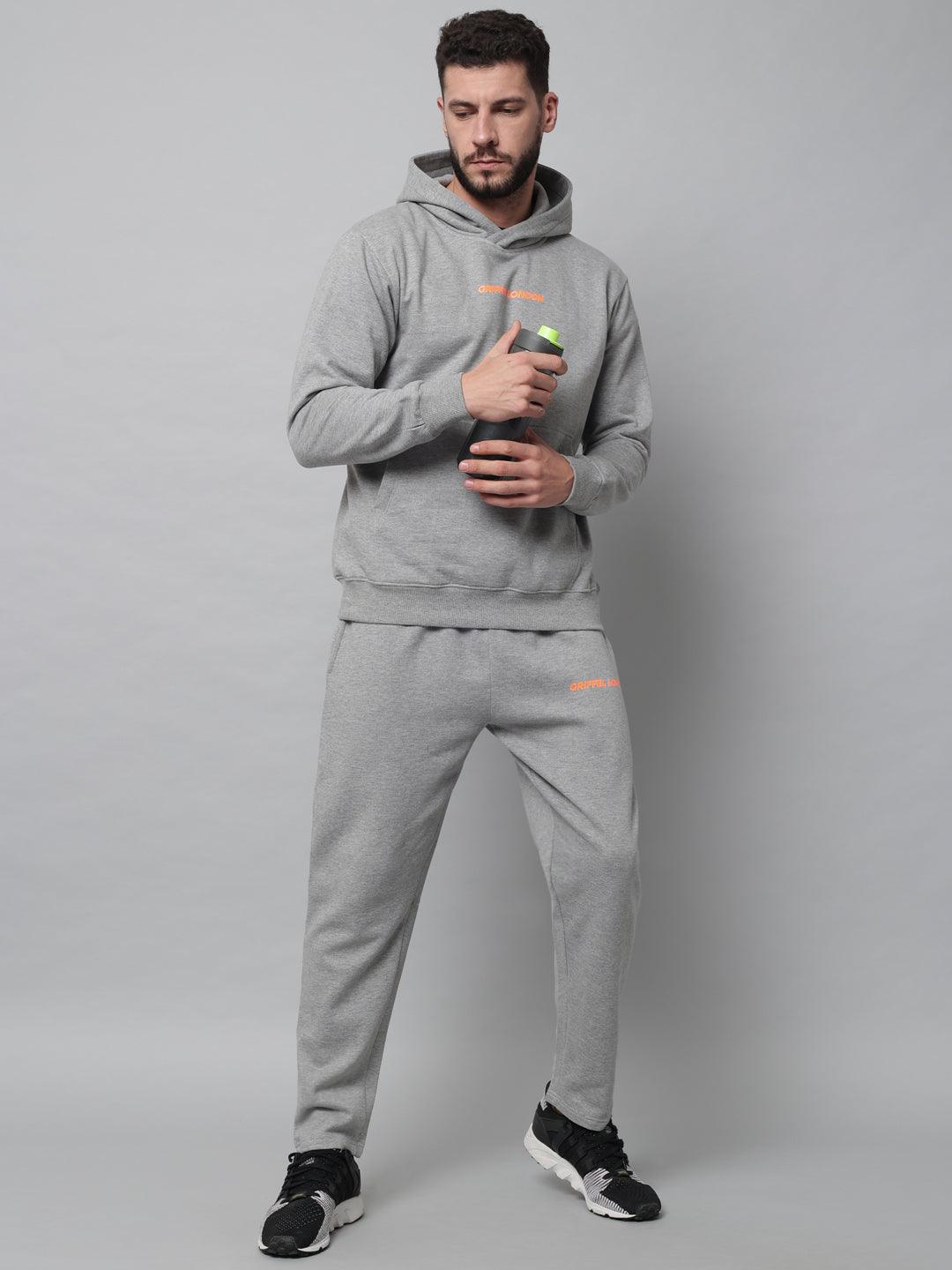Griffel Men's Front Logo Solid Fleece Basic Hoodie and Joggers Full set Grey Tracksuit - griffel