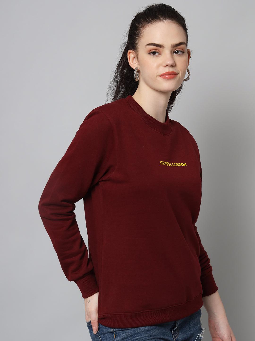 Griffel Women’s Printed Round Neck Maroon Cotton Fleece Full Sleeve Sweatshirt - griffel