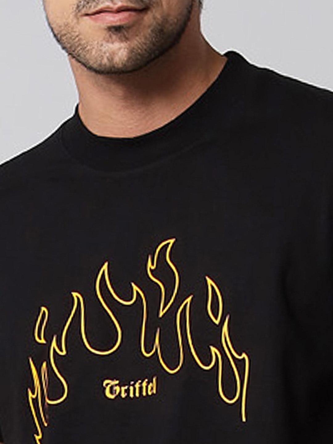 GRIFFEL Men Fire Print Black Regular fit T-shirt and Short Set - griffel