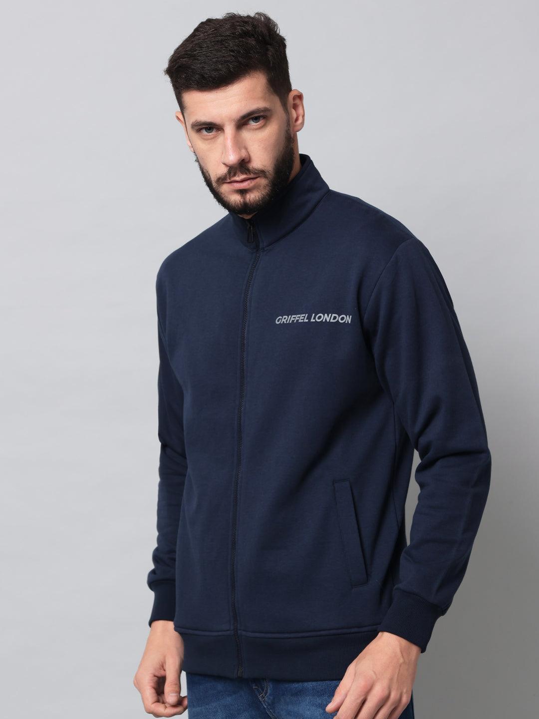 Griffel Men's Solid Fleece Zipper Stylish Navy Sweatshirt - griffel