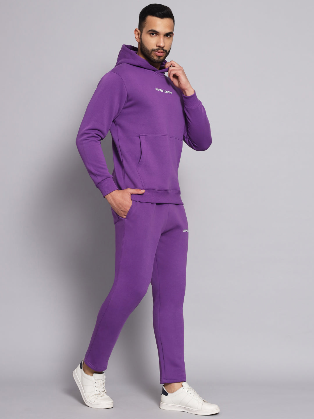 Griffel Men's Front Logo Solid Fleece Basic Hoodie and Joggers Full set Dark Purple Tracksuit - griffel