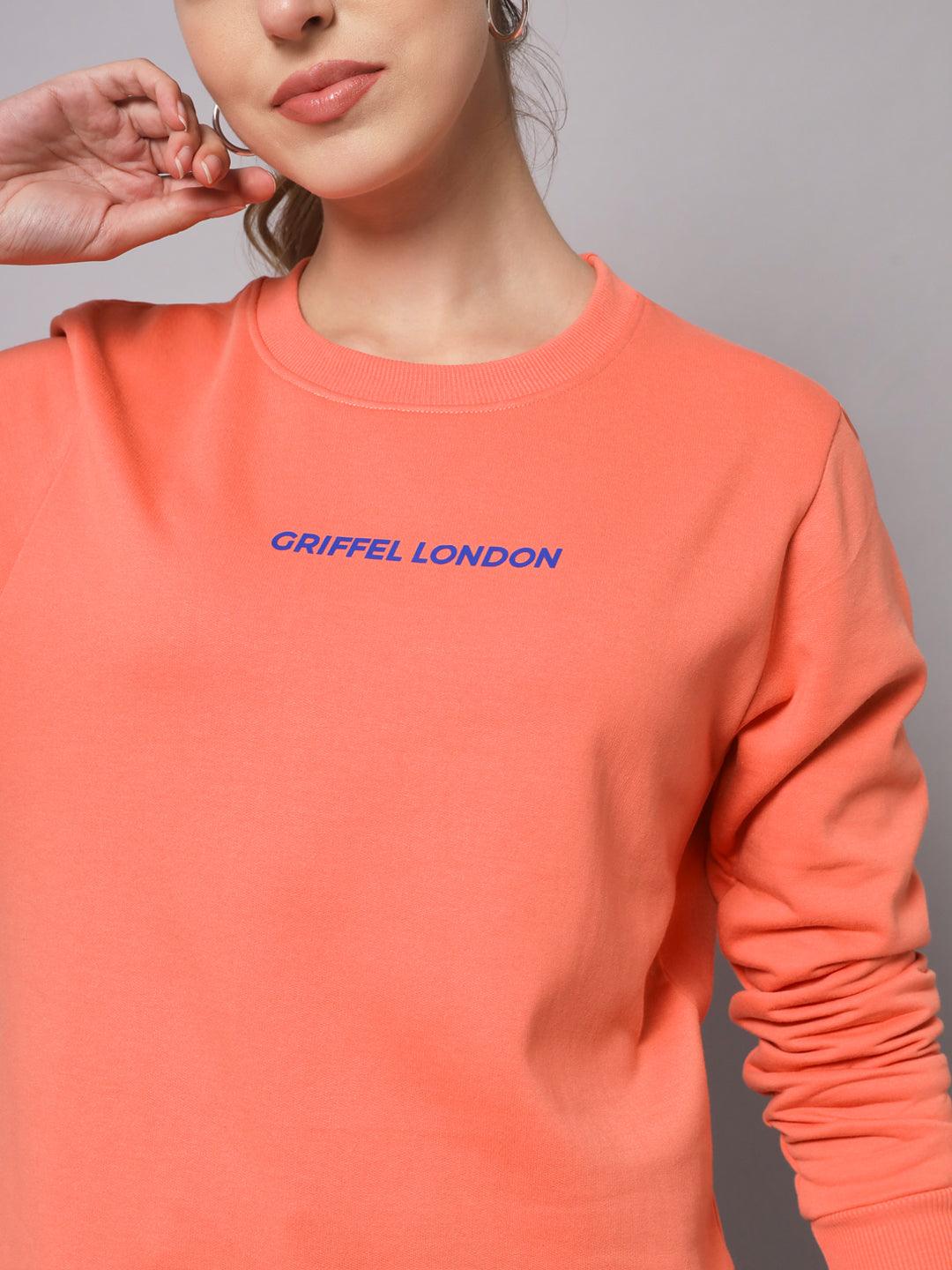 Griffel Women’s Printed Round Neck Peach Cotton Fleece Full Sleeve Sweatshirt - griffel