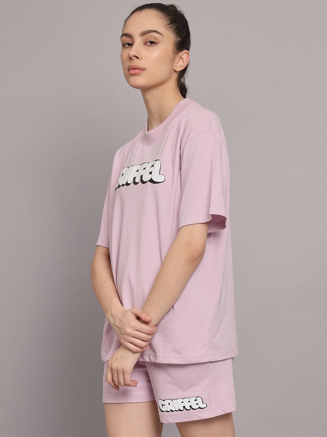 GRIFFEL Women Printed Oversized Loose fit Light Purple T-shirt and Short Set - griffel