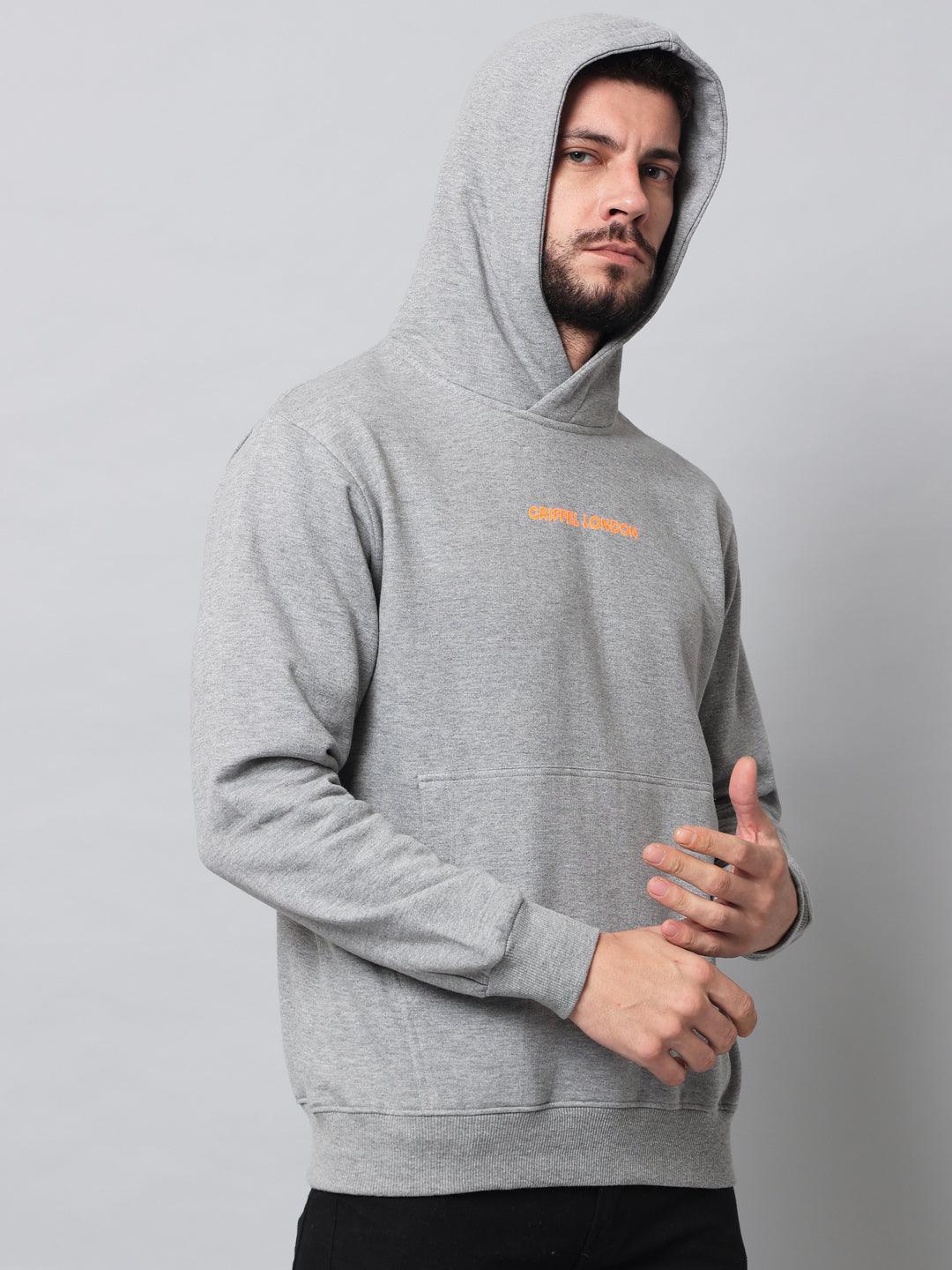 Griffel Men's Grey Cotton Front Logo Fleece Hoody Sweatshirt with Full Sleeve - griffel