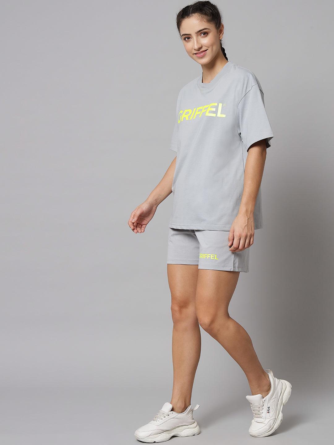 GRIFFEL Women Steel Grey Printed Oversized Loose fit T-shirt and Short Set - griffel
